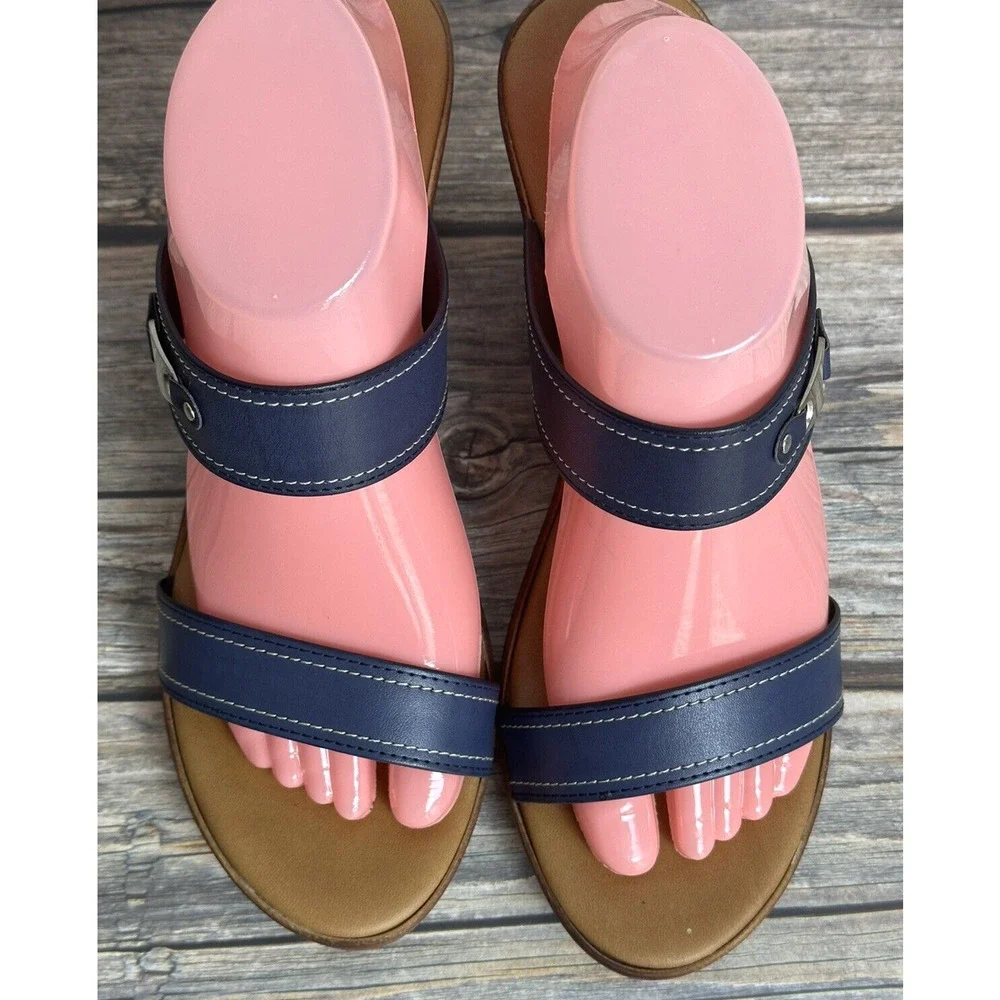 Italian Shoemaker Sandals Wedge‎ Navy Blue Leather Straps Fits 10 M